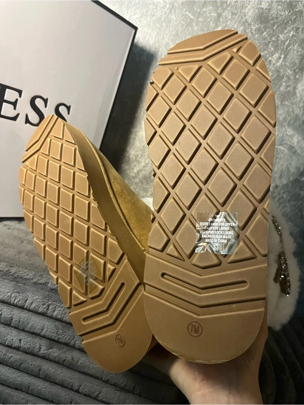 GUESS Tan Suede Platform Ankle Boots with White Faux-Fur Cuff and Crystal Bow
